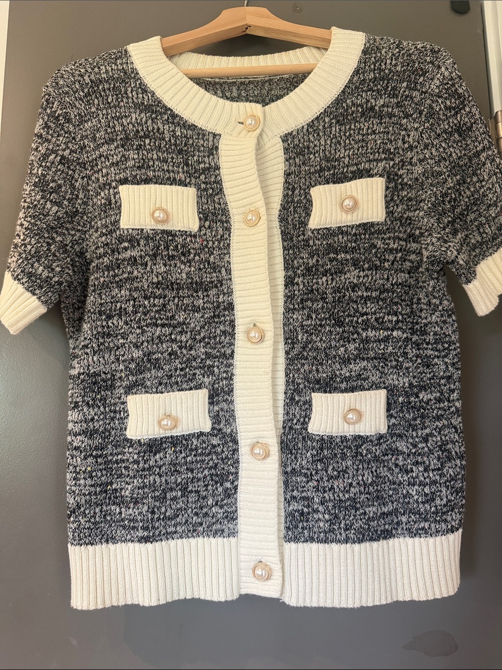 Cream-Trim Black & White Short-Sleeve Cardigan Sweater